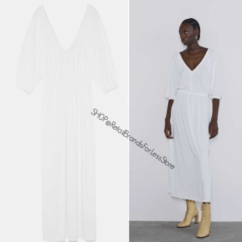 ZARA V NECK WHITE ELASTIC TRIM MIDI MAXI DRESS